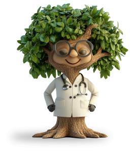 A whimsical tree character dressed as a doctor, symbolizing the connection between nature and health.