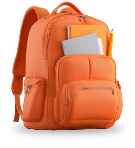 A vibrant orange backpack with multiple compartments, perfect for students and professionals.