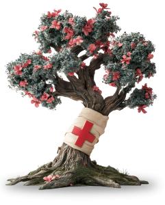This healing tree clipart with a red cross bandage represents resilience, environmental care, and recovery.
