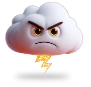 An angry storm cloud with a lightning bolt, perfect for illustrating weather concepts or emotions.