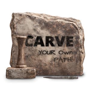 Customizable stone tablet clipart image with engraving tools and motivational text—perfect for presentations, goals, and leadership themes.