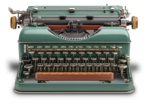 A nostalgic typewriter clipart with teal casing and brass keys—perfect for retro themes, office history, or writing and communication topics.