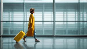 A woman in a yellow coat walks through an airport, pulling a bright yellow suitcase, embodying the spirit of travel.

