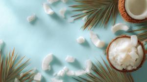 A tropical coconut scene with fresh coconut and palm leaves on a blue background.

