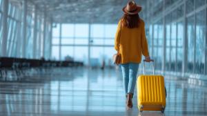 A traveler walks through an airport terminal, pulling a yellow suitcase, evoking adventure and anticipation.

