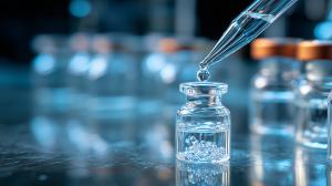 This image features a glass vial and dropper, symbolizing precision in medical research and chemistry.

