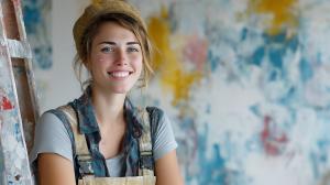 This image showcases a smiling young woman in a painter&#039;s outfit against a colorful abstract background, symbolizing creativity.


