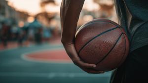This image features a basketball player gripping a ball on a vibrant court, symbolizing competition and teamwork.

