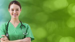 This image features a smiling healthcare professional in scrubs against a calming green background, ideal for medical presentations.

