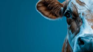 This image features a close-up of a cow&#039;s face against a blue background, symbolizing agriculture and farm life. 

