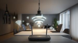 This image features a wireless router in a modern office, symbolizing Wi-Fi connectivity.

