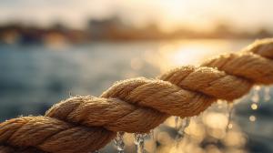 This image features a close-up of a water-drenched rope against a shimmering marine background.

