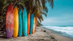 A vibrant beach scene with colorful surfboards, perfect for travel or sports presentations. 

