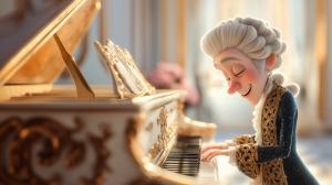 This image depicts a whimsical animated character playing a grand piano in a luxurious setting.
