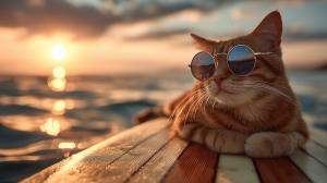 A cool cat in sunglasses lounges on a surfboard during a vibrant sunset, embodying summer fun and relaxation.

