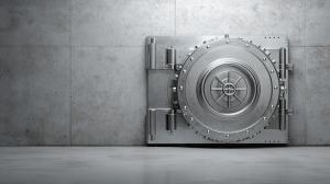 This image depicts a secure bank vault door against a concrete wall, symbolizing financial security.

