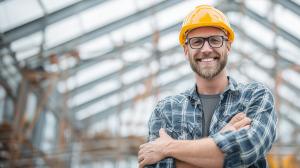 Download a smiling construction worker PowerPoint background symbolizing teamwork, architecture, and progress in the building industry.