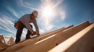 Download a construction worker on roof PowerPoint background. Perfect for presentations about home building, architecture, and skilled labor.