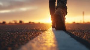 Background of a person walking along a road at sunset, symbolizing journey, direction, choices, and moving into the future with determination.