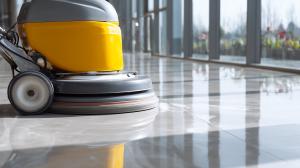 Download a floor cleaning PowerPoint background featuring a janitorial machine on a polished floor. Ideal for cleanliness and workplace hygiene slides.