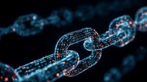 This image features a digital chain of binary code, symbolizing blockchain and cryptocurrency technology.