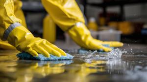 Download a cleaning and safety PowerPoint background featuring gloves and water splashes. Perfect for safety, hygiene, and industrial presentations.