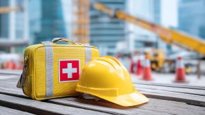 This image depicts a yellow hard hat and first aid kit, symbolizing workplace safety and emergency preparedness.