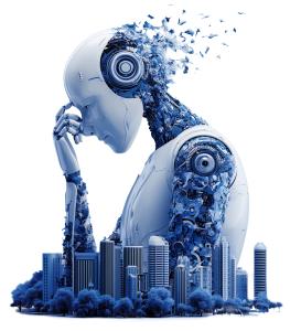 Futuristic robot thinking over a modern city skyline. Perfect for presentations on AI, technology, innovation, and the future of society.