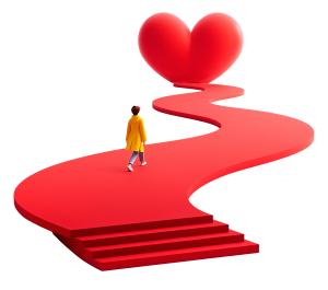 This image illustrates a journey towards love, symbolized by a heart at the end of a winding red path.