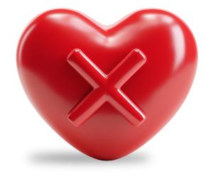 A glossy red heart with a red &quot;X,&quot; symbolizing heartbreak or the end of a romantic relationship.