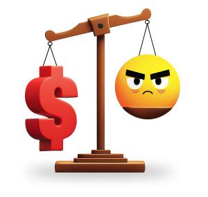 Illustration of a scale balancing money against unhappiness. Perfect for themes of finance, stress, choices, and work-life balance.