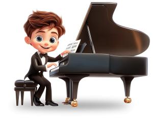 Download this Illustration of a boy in a tuxedo playing a grand piano. Perfect for music, education, performance, creativity, and talent themes.