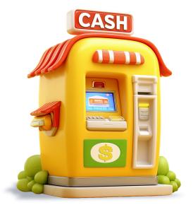 Download this cartoon ATM cash machine with bright colors and dollar symbol. Perfect for banking, money, finance, cash flow, and savings themes.