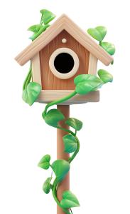 A colorful birdhouse entwined with green vines against a blue sky backdrop.