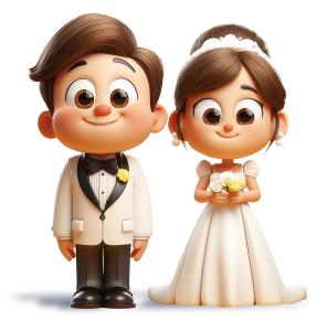 Download this clipart of a cute cartoon bride and groom standing together. Perfect for weddings, romance, vows, celebrations, and love themes.