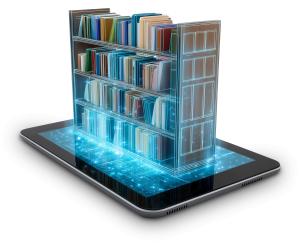 Download this clipart of a bookshelf emerging from a tablet screen. Perfect for digital learning, e-books, technology, and online education themes.