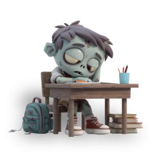 Download this Cartoon zombie student at a school desk looking exhausted. Perfect for study fatigue, late nights, exams, and humorous education themes.