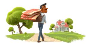 Download this cartoon man carrying slabs of bacon while walking home. Represents the idiom “bringing home the bacon,” meaning earning a living or success.