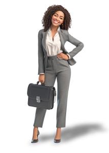 Illustration of a confident businesswoman in a gray suit holding a briefcase. Perfect for corporate, leadership, career, and professional themes.