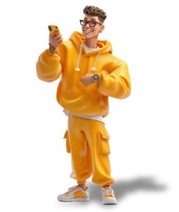 Download this clipart of a trendy social influencer in bright yellow clothing taking selfies. Perfect for social media, lifestyle, and youth culture themes.