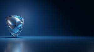 Download this PowerPoint background featuring a modern glass shield on a dark blue backdrop. Ideal for security, defense, and technology themes.