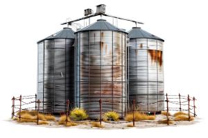 Download this clipart of rusty abandoned silos surrounded by dry grass and fence. Perfect for themes of decay, neglect, abandoment.