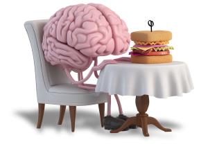 Download this Funny brain character sitting at a table with a big sandwich. Represents the idiom “out to lunch,” meaning distracted or not paying attention.