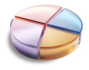 A clipart image of a glossy glass-style pie chart with colorful sections. Perfect to symbolize data visualization, business reports, and financial analysis.