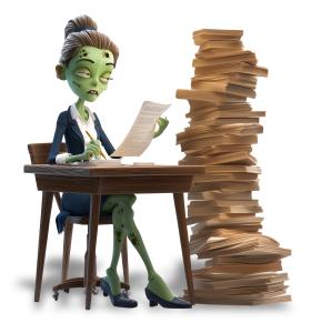 Download this Cartoon zombie teacher at a desk buried in a towering stack of papers. Perfect for stress, overwork, deadlines, and humorous education themes.