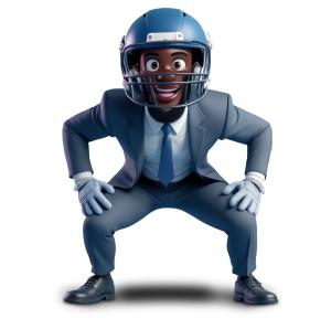 Download a Business and Football Strategy PNG clipart. A bold character in a suit with a football helmet symbolizing leadership, resilience, and competition.