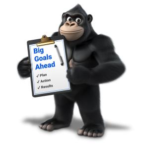 Customize this motivational gorilla clipart holding a clipboard with the text “Big Goals Ahead.” Perfect for goal-setting and business strategy presentations.