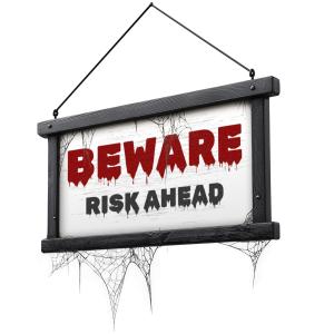 Customize or download this spooky warning sign clipart reading “Beware Risk Ahead” with cobwebs and bold red text.
