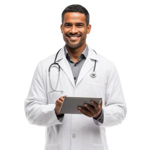Download a doctor holding a tablet PNG clipart, symbolizing modern healthcare and technology in medicine. Perfect for telemedicine and innovation slides.