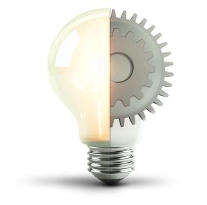 Download a light bulb and gear clipart symbolizing creative and systematic thinking. Ideal for innovation, brainstorming, and problem-solving presentations.